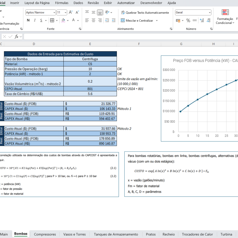 Planilha de estimativa de custo de equipamentos de processos químicos
